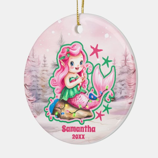 Roze Kerst Zeemeermin Kinder Foto Ornament (Links)