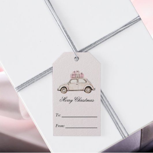  roze kerstauto cadeaulabel