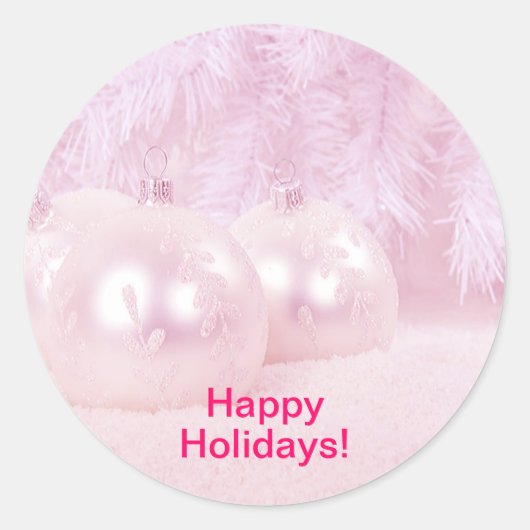 Roze kerstballen op sneeuw met roze achtergrond ronde sticker (Voorkant)