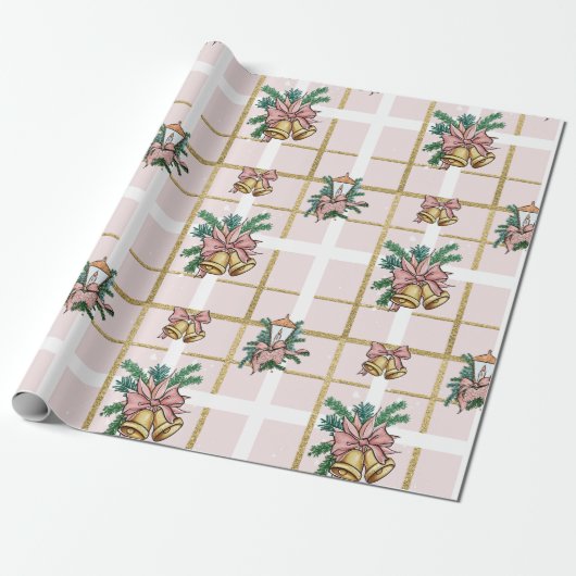  roze kerstbellen cadeaupapier (Uitgerold)