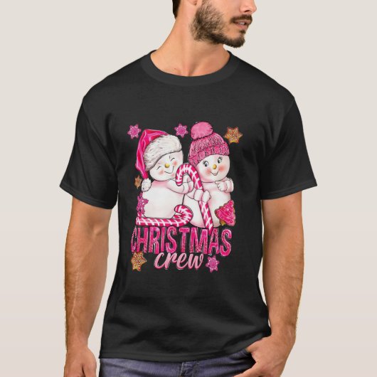 Roze Kerstbemanning Sneeuwman Met Candy Cane Xmas  T-shirt (Voorkant)