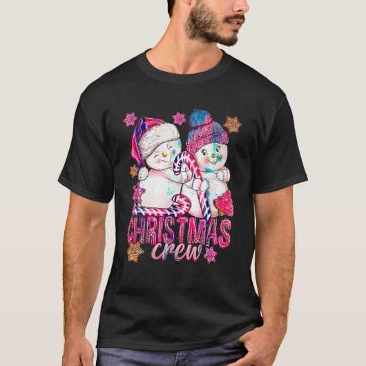 Roze Kerstbemanning Sneeuwman Met Candy Cane Xmas  T-shirt (Voorkant)