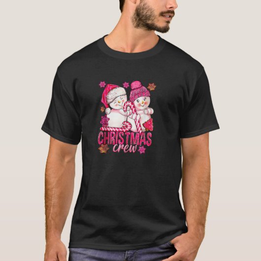 Roze Kerstbemanning Sneeuwman Met Candy Cane Xmas  T-shirt (Voorkant)