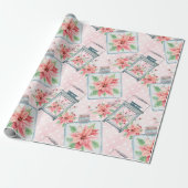 Roze kerstbloemen cadeaupapier (Uitgerold)