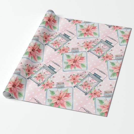 Roze kerstbloemen cadeaupapier (Uitgerold)