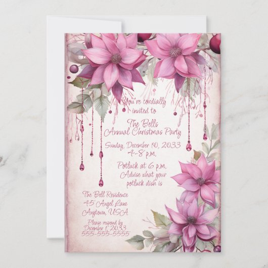 Roze Kerstbloemen Jaarlijks Kerstfeest Kaart (Voorkant)