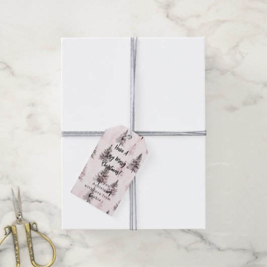 Roze Kerstbomen Cadeaulabel (Met Touw)