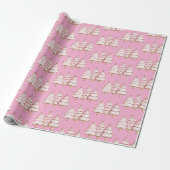 Roze kerstbomen met gouden sterren cadeaupapier (Uitgerold)