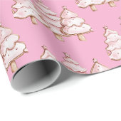Roze kerstbomen met gouden sterren cadeaupapier (Rol Hoek)