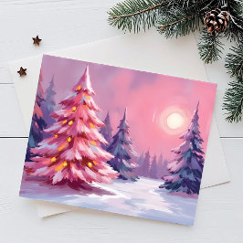 Roze Kerstbomen Pastel Winter Waterverf Feestdagenkaart
