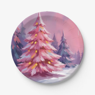 Roze Kerstbomen Pastel Winter Waterverf Papieren Bordje