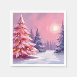 Roze Kerstbomen Pastel Winter Waterverf Servet
