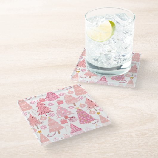 Roze Kerstbomen Patroon Glazen Onderzetter (Schuin)