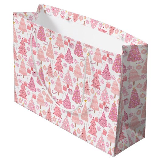 Roze Kerstbomen Patroon Groot Cadeauzakje (Achterkant Gekanteld)