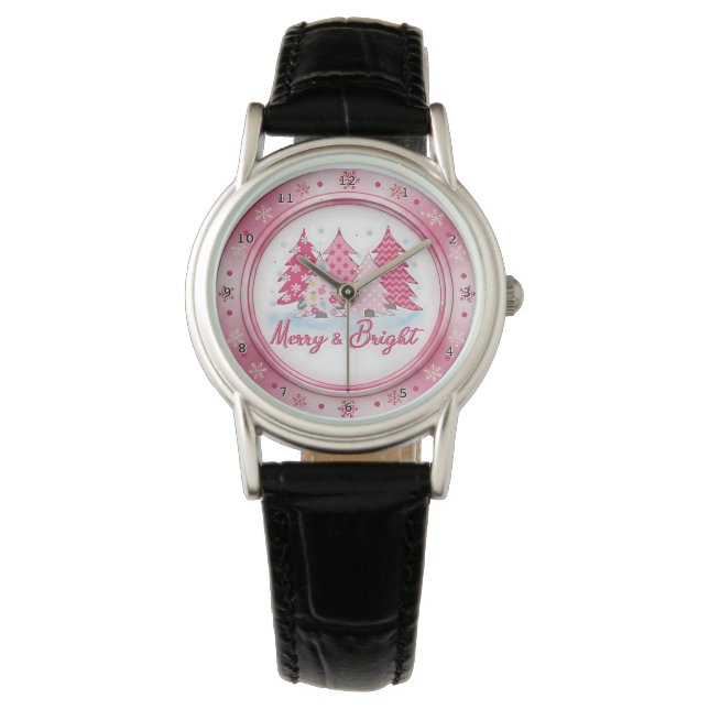 Roze Kerstbomen Ronde Kerstontwerp Horloge (Voorkant)
