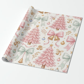 Roze Kerstbomen Satijnen Strikken & Gouden Bellen Cadeaupapier