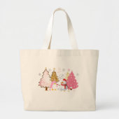 Roze Kerstbomen, Speelse Pinguïn, en Sneeuwman Grote Tote Bag (Voorkant)
