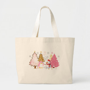Roze Kerstbomen, Speelse Pinguïn, en Sneeuwman Grote Tote Bag