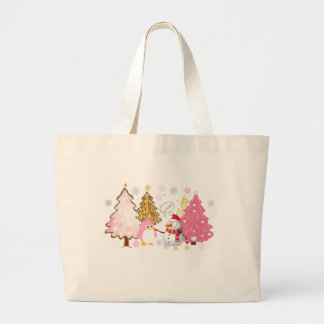 Roze Kerstbomen, Speelse Pinguïn, en Sneeuwman Grote Tote Bag