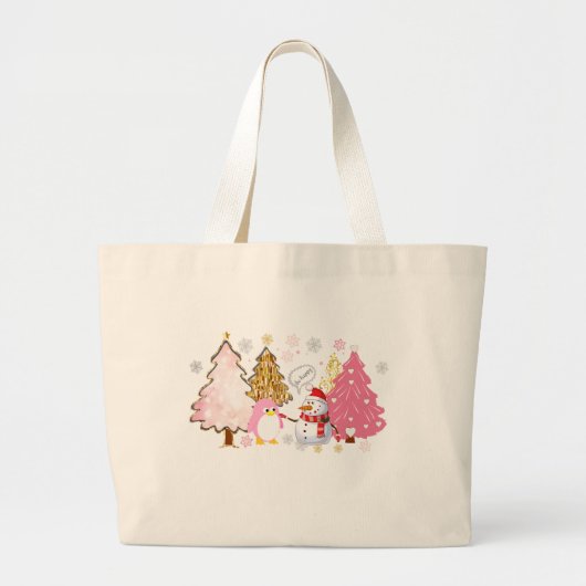 Roze Kerstbomen, Speelse Pinguïn, en Sneeuwman Grote Tote Bag (Voorkant)