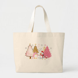 Roze Kerstbomen, Speelse Pinguïn, en Sneeuwman Grote Tote Bag