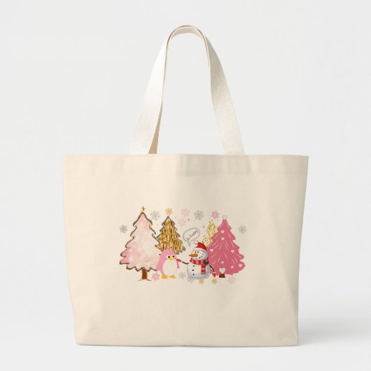Roze Kerstbomen, Speelse Pinguïn, en Sneeuwman Grote Tote Bag (Voorkant)