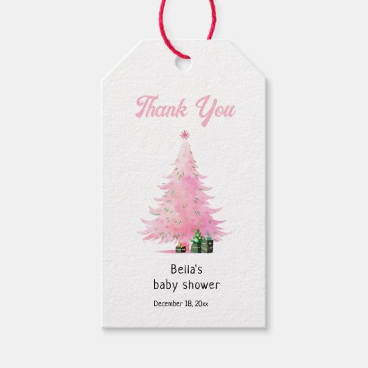 Roze Kerstboom Baby shower Dank u Cadeaulabel (Voorkant)