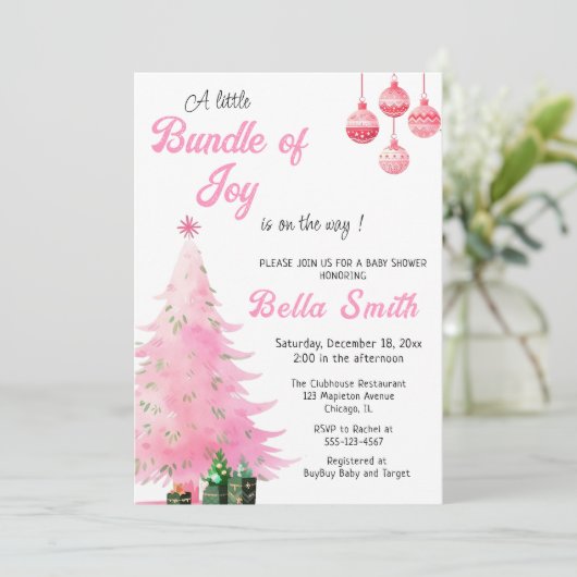Roze kerstboom Baby shower uitnodiging (Staand voorkant)