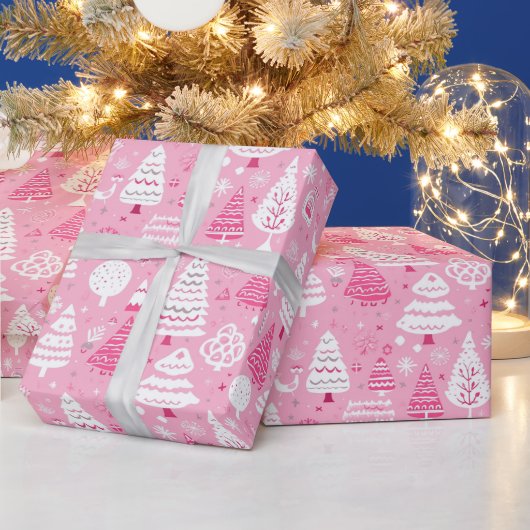 Roze kerstboom cadeau inpakpapier (Feestdagen)