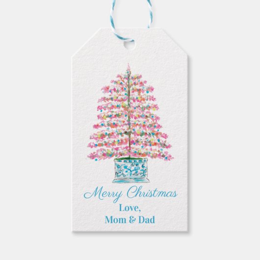 Roze kerstboom cadeau Labels Chinoiserie Cadeaulabel (Voorkant)
