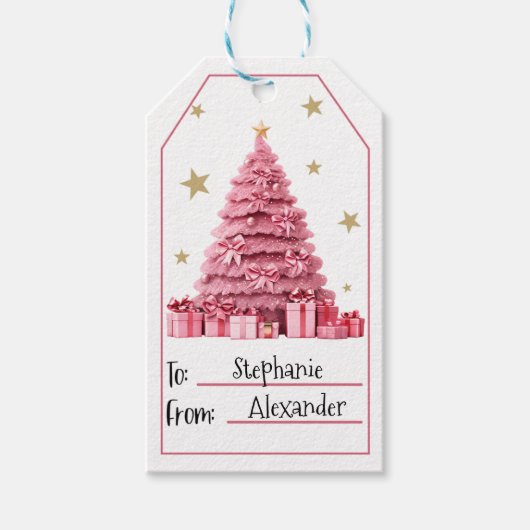 Roze kerstboom cadeaulabel (Voorkant)