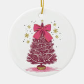 Roze Kerstboom Coquette Bow Kerstvakantie Keramisch Ornament (Voorkant)