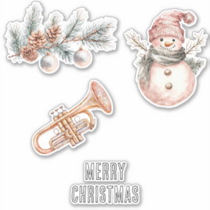 Roze Kerstboom Dennenzapels Ornamenten Trompet Sticker