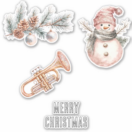 Roze Kerstboom Dennenzapels Ornamenten Trompet Sticker (Voorkant)