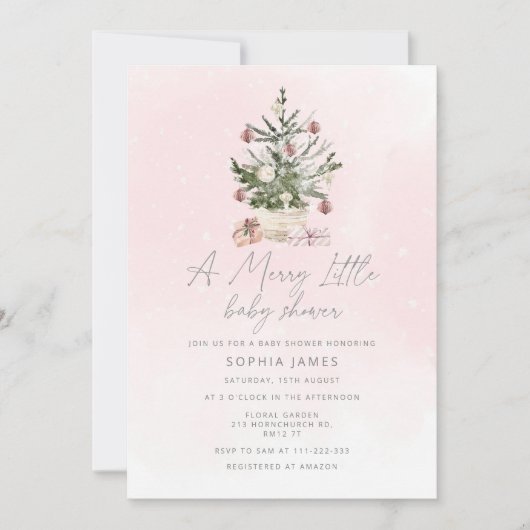 Roze kerstboom een vrolijk klein baby shower kaart (Voorkant)