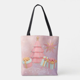 Roze kerstboom en gouden sterren tote bag