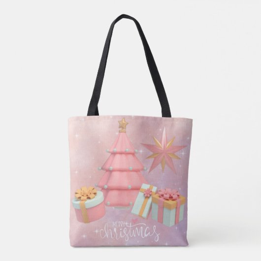 Roze kerstboom en gouden sterren tote bag (Achterkant)
