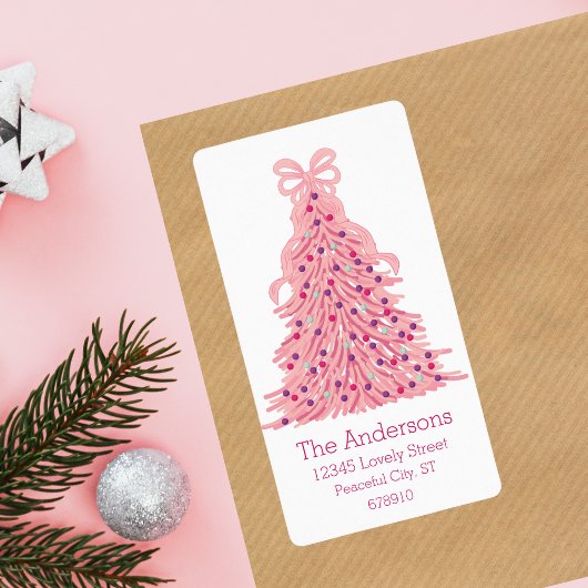 Roze kerstboom en lint retouradres etiket