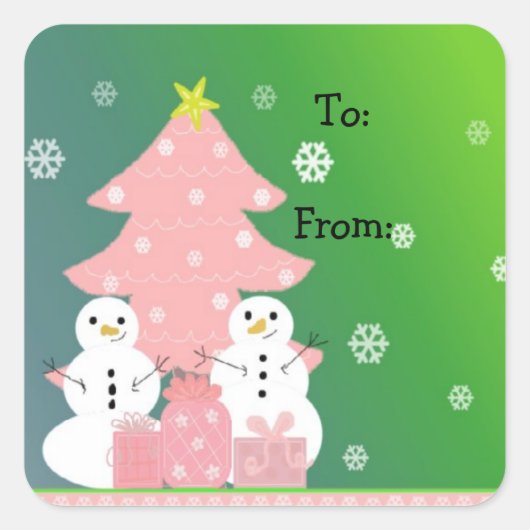 Roze Kerstboom en Sneeuwmannen Vierkante Sticker (Voorkant)