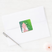 Roze Kerstboom en Sneeuwmannen Vierkante Sticker (Envelop)