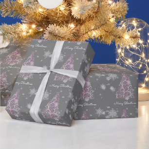 Roze kerstboom en sneeuwvlokken Verpakkingspapier Cadeaupapier