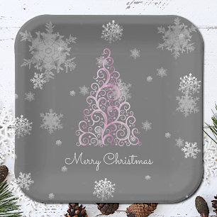 Roze kerstboom en Snowflakes Bord van papier