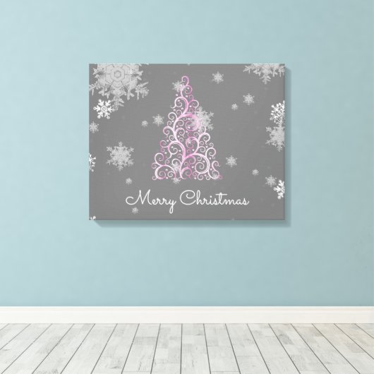 Roze kerstboom en Snowflakes Canvas afdrukken (Insitu (Houten vloer))