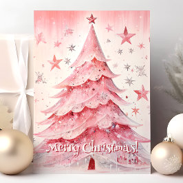 Roze Kerstboom En Sterren Prettig Kerstfeest Feestdagen Kaart