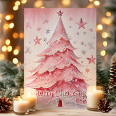 Roze kerstboom en sterren Vrolijk kerstfeest Feestdagen Kaart