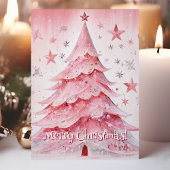 Roze kerstboom en sterren Vrolijk kerstfeest Feestdagen Kaart