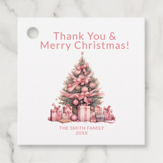 Roze Kerstboom Feest Bedankjes Labels (Voorkant)