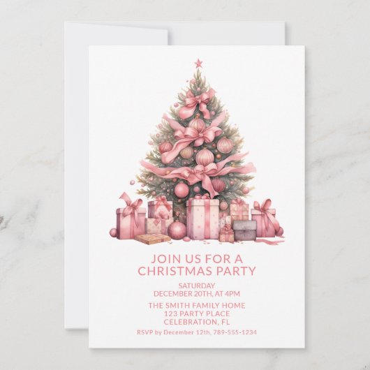 Roze Kerstboom Feest Uitnodiging (Voorkant)