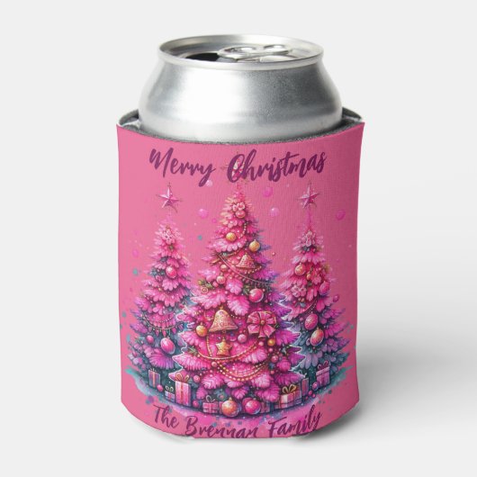 Roze kerstboom gepersonaliseerd gezin blikjeskoeler (Blikje Voorkant)