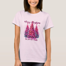 Roze kerstboom gepersonaliseerd gezin t-shirt